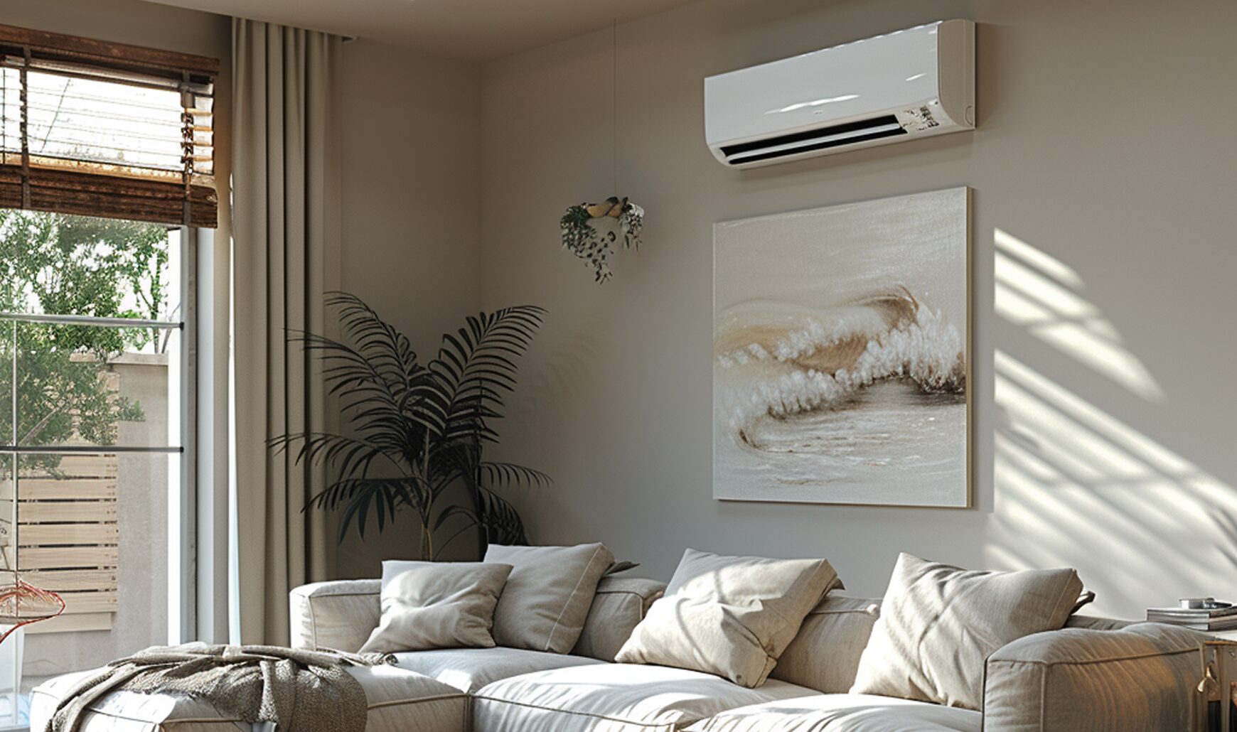 Wandklimaanlage montiert über einem Sofa in einem hellen Wohnraum mit Pflanzen.