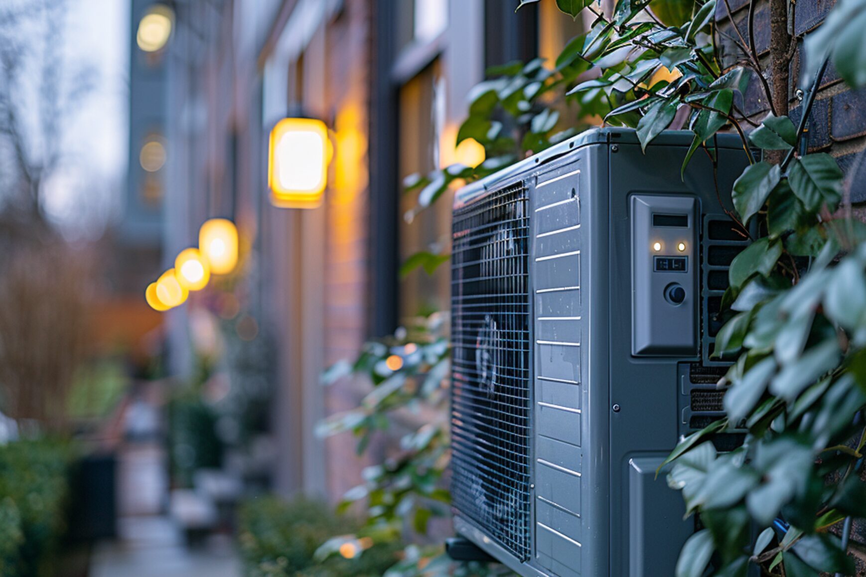 Wandmontierte Klimaanlage mit Steuerungseinheit an einer Ziegelwand, umgeben von Pflanzen.