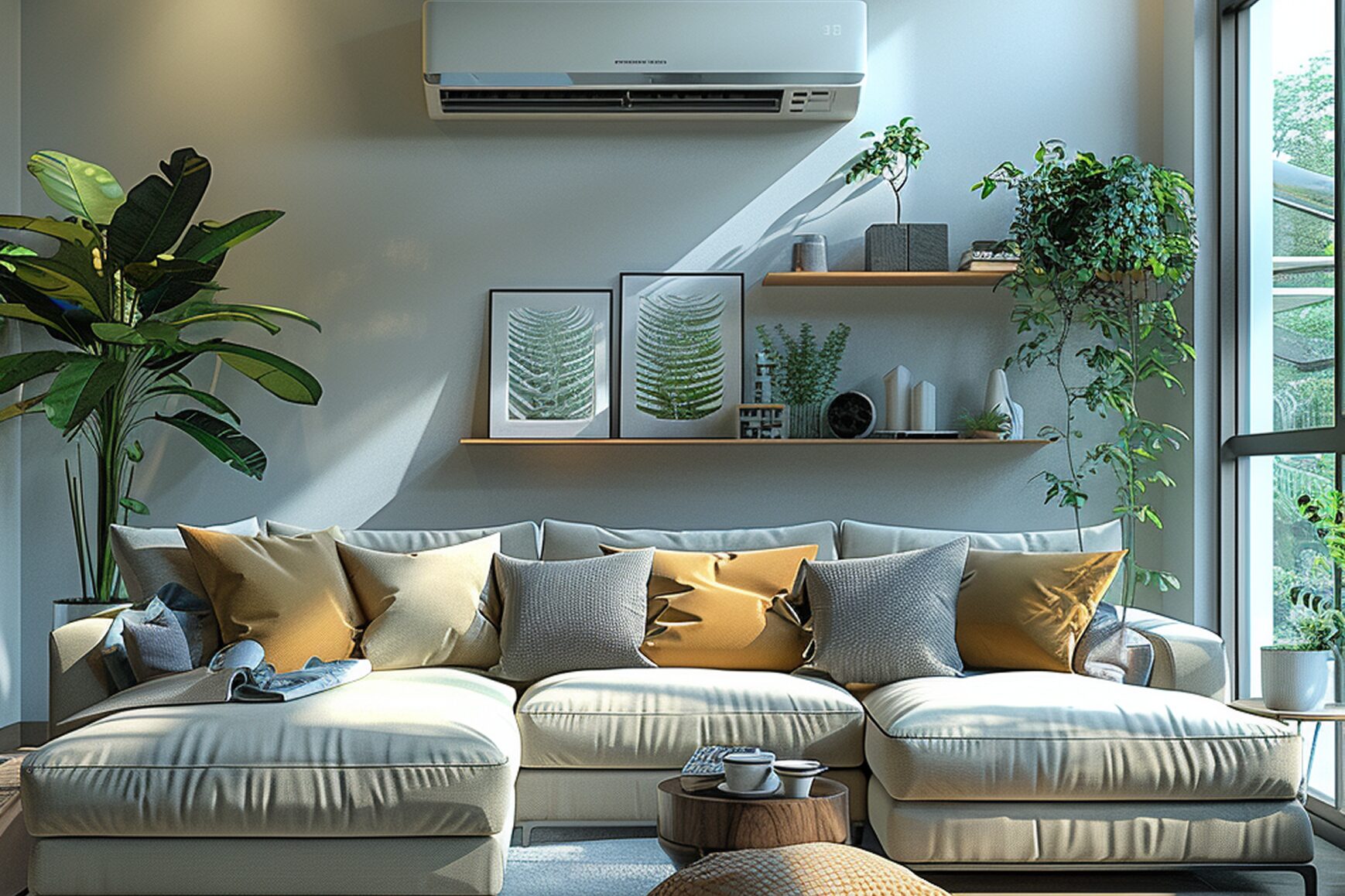 Klimagerät über einem beigefarbigen Sofa mit mehreren Kissen und Wandregal mit Pflanzen und Bildern im Hintergrund.